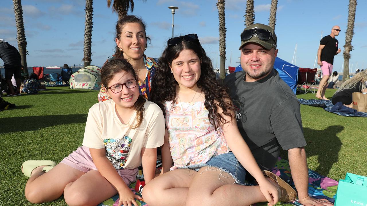 Mia, Davina, Avaya and David De Stefanis. Locals and visitors arrived early to get a good spot for the Geelong New Years Eve celebrations. Picture: Alan Barber