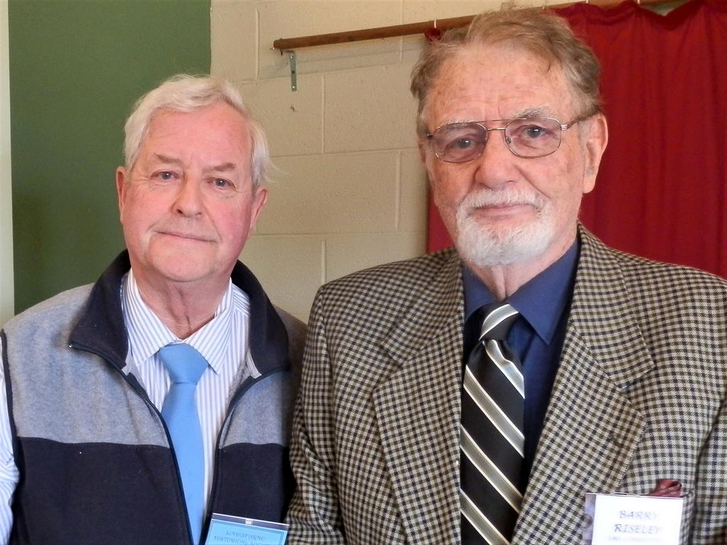 <p>Reg Watson, left, and Barry Riseley at the launch of Lindisfarne Heritage - Volume II, published by the Lindisfarne Historical Society.. Picture: SUPPLIED</p>
