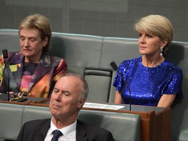 Julie Bishop listens to Treasurer Josh Frydenberg deliver the Budget in the House of Representatives. Picture: Getty Images