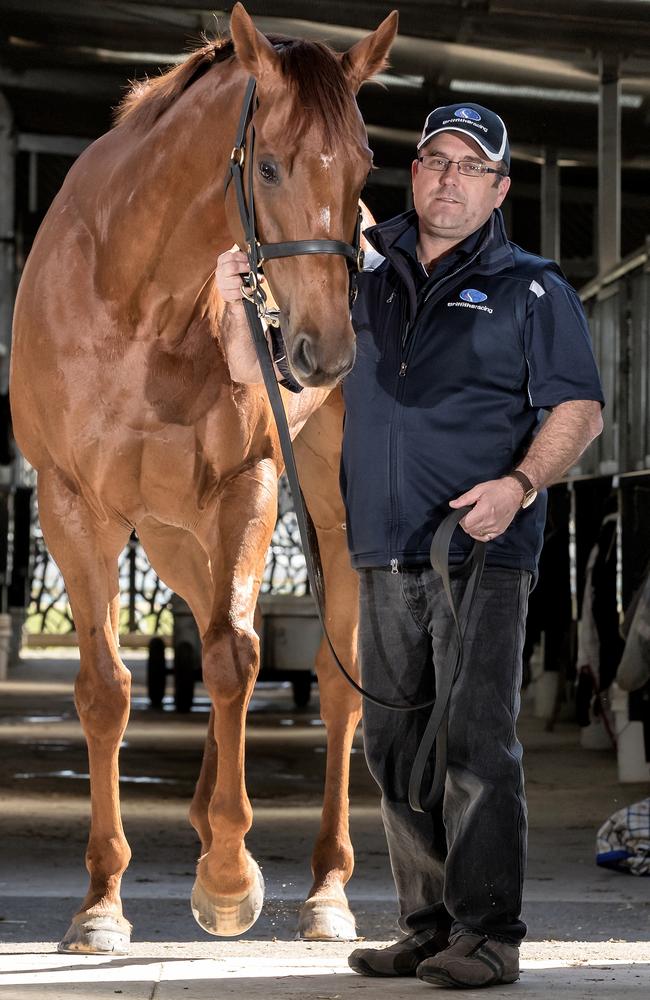 Group 1 winner The Quarterback and Robbie Griffiths at his Cranbourne stables.