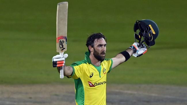 Glenn Maxwell celebrates scoring a century. Picture: AFP Photos