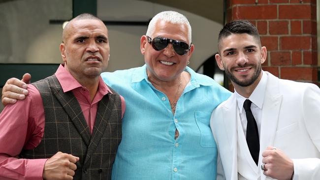 Anthony Mundine, Mick Gatto and Michael Zerafa pose for photos during the press conference for a fight announcement. Picture: Dave Hewison/Speed Media/Icon Sportswire