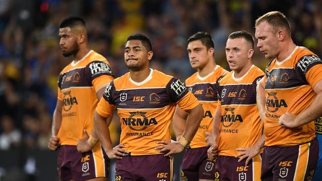 The Broncos after their then-record loss to Parramatta during last year’s finals. Picture: AAP/Joel Carrett