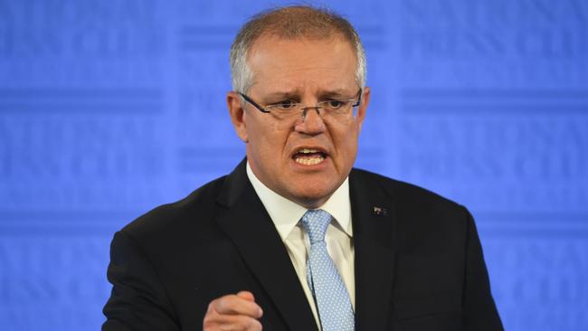 Prime Minister Scott Morrison addresses the National Press Club in Canberra. Picture: AAP