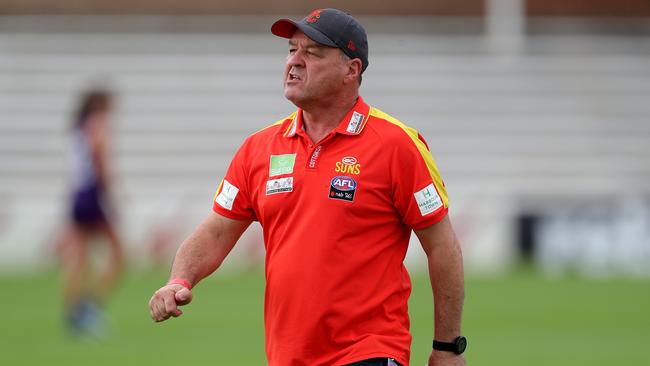 David Lake, head coach of the Gold Coast Suns is seen during the AFLW semi final 4 match between the Fremantle Dockers and Gold Coast Suns at Fremantle Oval in Perth, Saturday, March 21, 2020. (AAP Image/Richard Wainwright)