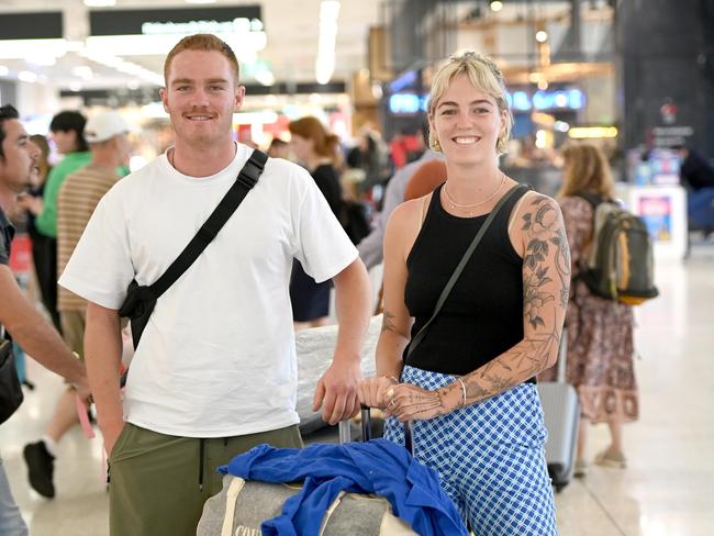 Passengers Georgia and Charlie Teirney who were onboard the Qantas plane after a mayday alert was called at Sydney International Airport. Photo Jeremy Piper