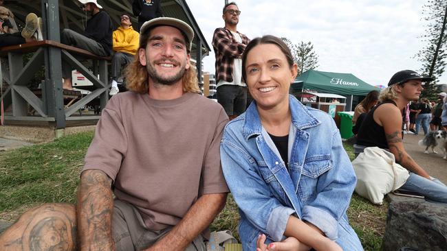 Matt Moylan and Kate Bryne at the Surf of Origin at Burleigh Beach. Picture: Annette Dew