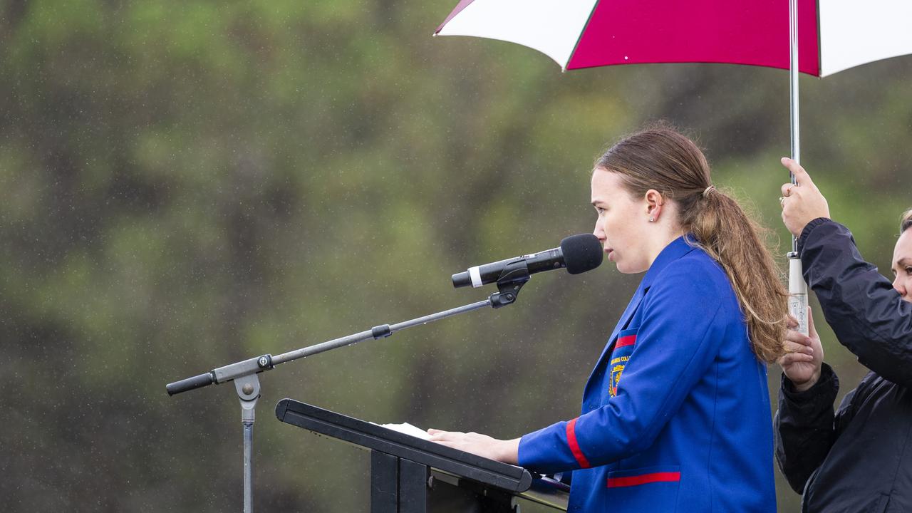 Downlands College student Kiera Edge gives the address of the Citizens Commemoration Service at the Mothers' Memorial on Anzac Day, Monday, April 25, 2022. Picture: Kevin Farmer