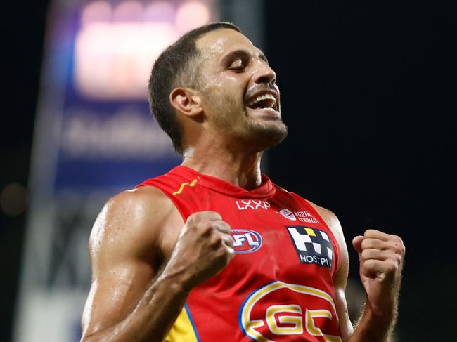 DARWIN, AUSTRALIA - MAY 16: Ben Long of the Suns celebrates a goal during the 2024 AFL Round 10 match between The Gold Coast SUNS and The Geelong Cats at TIO Stadium on May 16, 2024 in Darwin, Australia. (Photo by Michael Willson/AFL Photos via Getty Images)