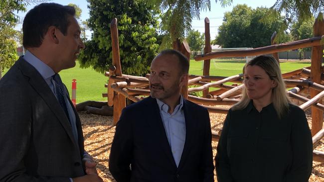 Education Minister Blair Boyer, TAFE SA chief executive David Coltman and OSHC SA director Alicia Flowers announce the new Certificate III in Outside School Hours Care. Picture: Shashi Baltutis