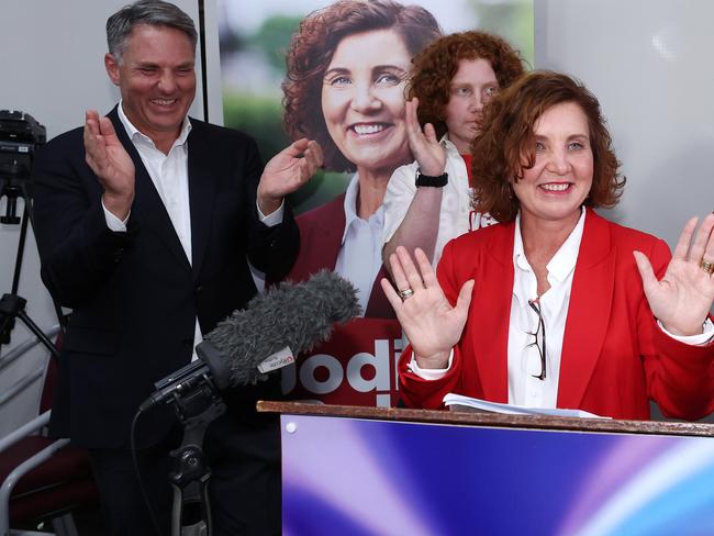 MELBOURNE, MARCH 2, 2024: Party for the Labor candidate Jodie Belyea following the 2024 Dunkley by-election at the Frankston Bowls Club, Frankston. A jubilant Jodie with her family. Picture: Mark Stewart