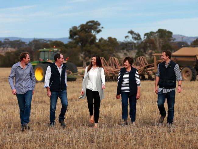 FOR FARM: Dads Oats Small business venture started by Alicia and Peter Cain. They sell oats farmed by their father Maurice and brother Matt at Fairview farm. Oats from the Cain's most productive and high quality paddock are processed, packaged and sold as single origin oats directly to public. Pictured (L-R) is Matt, Maurice, Alicia, Ruth and Pete. Picture: ANDY ROGERS