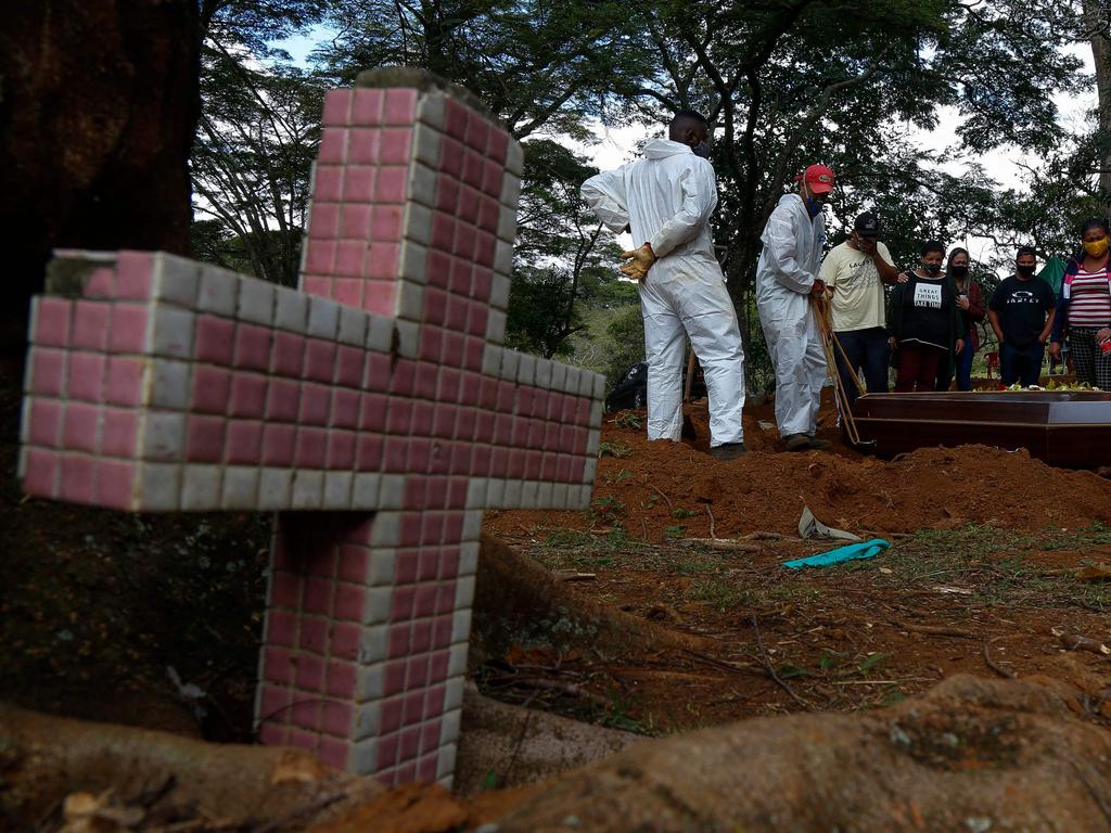 A coffin is buried at the Vila Formosa cemetery in Sao Paulo, Brazil amid the coronavirus pandemic. Picture: AFP