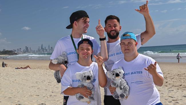 Jordan Blank, Support Mates founder Tyler Murphy, Ethan Sloane, and Aaron Bathgate are calling on residents to join the Gold Coast Beach Parade to help save the city's koalas. Picture: John Pryke