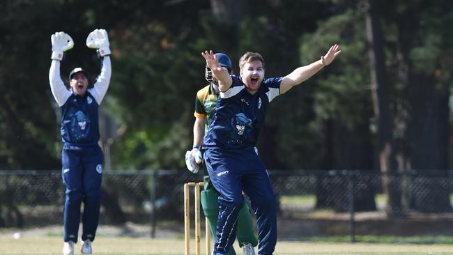 Mt Eliza batsman Tim Strickland is trapped LBW Sam Frawley on Saturday. Picture: AAP/ Chris Eastman