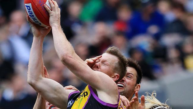 Richmond forward Jack Riewoldt takes another strong grab for the Tigers. Picture: Mark Stewart