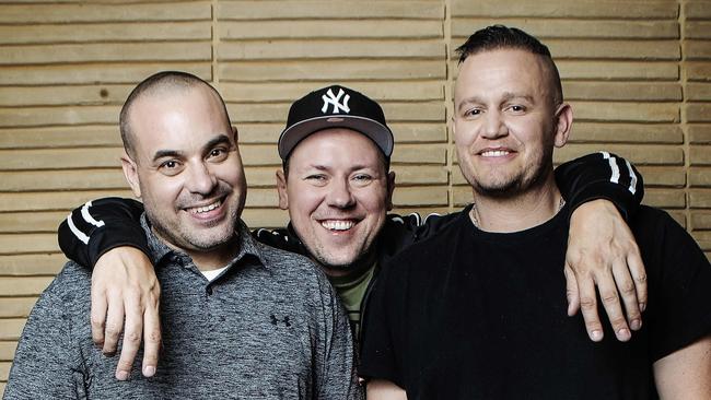 Adelaide hip-hip trio Hilltop Hoods, from left, Baz Francis (DJ Debris), Matt Lambert (MC Suffa) and Dan Smith (MC Pressure). Picture: Hollie Adams.