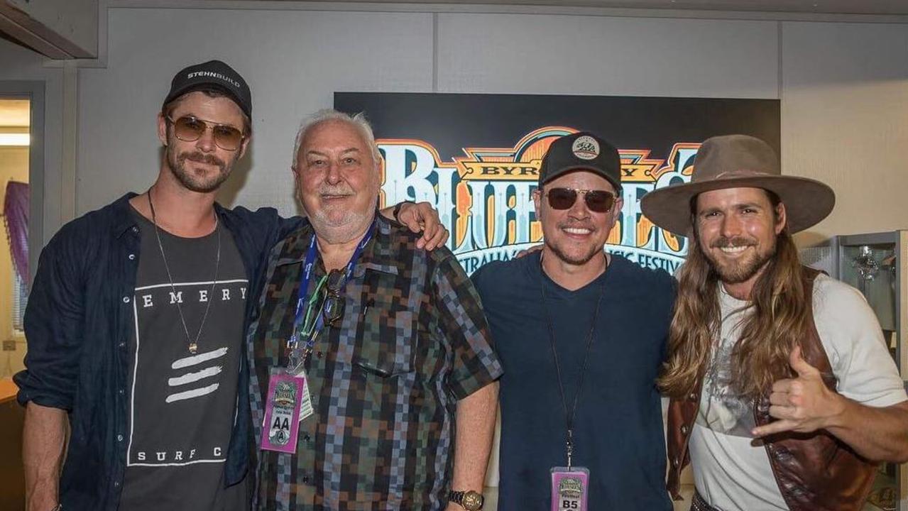 Chris Hemsworth and Matt Damon, with Peter Noble (second left), are big Bluesfest fans. Instagram: Bluesfest.