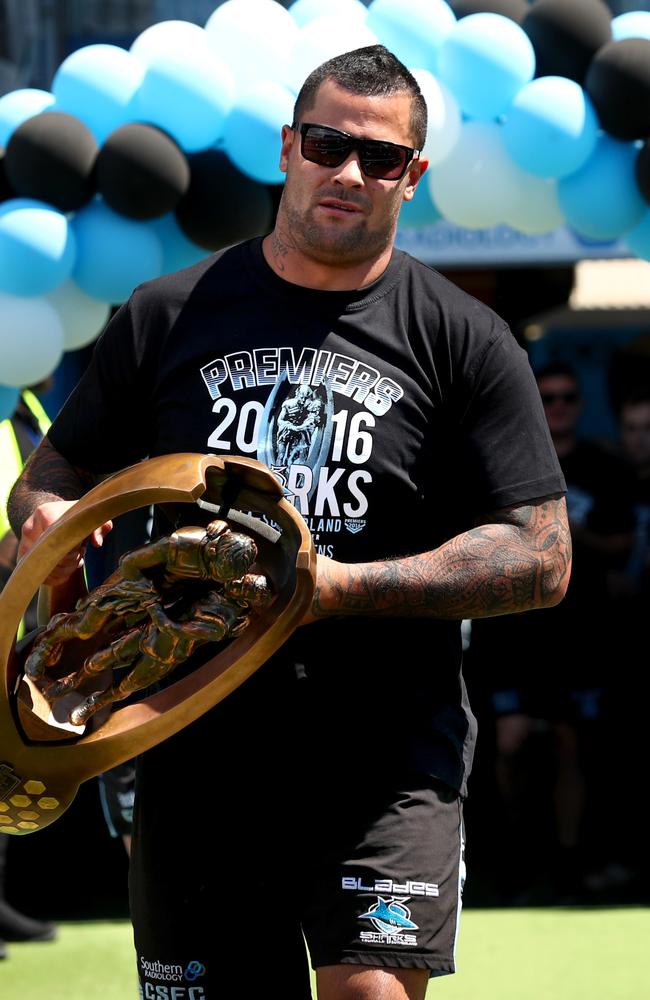 Andrew Fifita arrives with the NRL trophy. Picture : Gregg Porteous