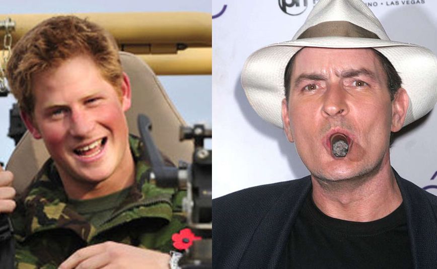 Prince Harry (left) topped the list of most desirable celebrity husband, while Charlie Sheen was voted least desirable husband. Picture: Images from AAP, Bang ShowBiz