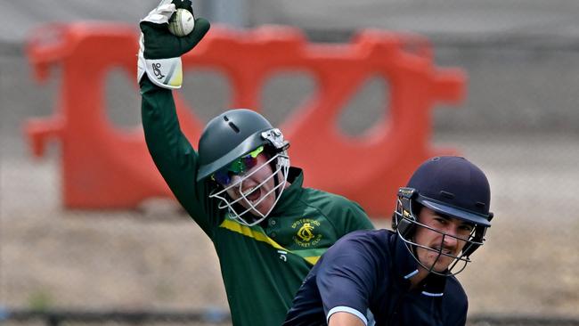 SpotswoodÃs Ross Horkings celebrates the wicket of KewÃs Jack Carroll during theVSDCA Spotswood v Kewcricket match in Spotswood, Saturday, Jan. 6, 2024. Picture: Andy Brownbil