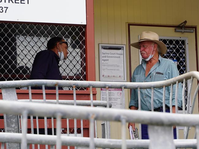 Daniel Eric Latimore (left) and his father Terrence Eric Latimore (centre) faced Sarina Magistrates Court on April 12, 2021 on drug-related charges. Picture: Heidi Petith