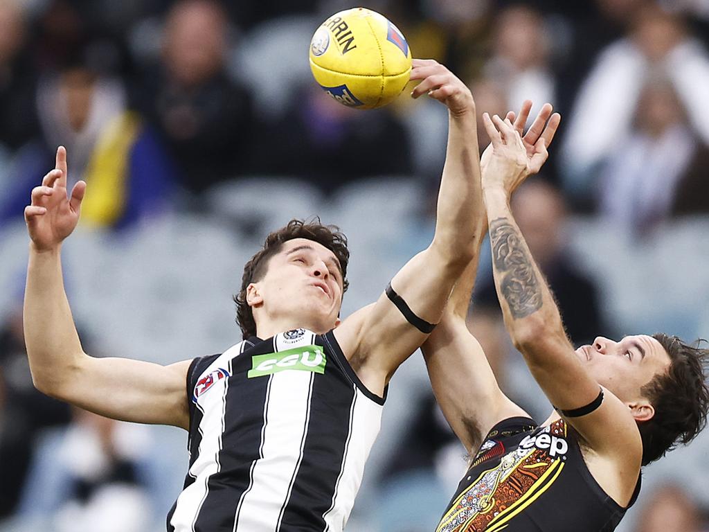 Young gun Trent Bianco rises above Tigers star Daniel Rioli.