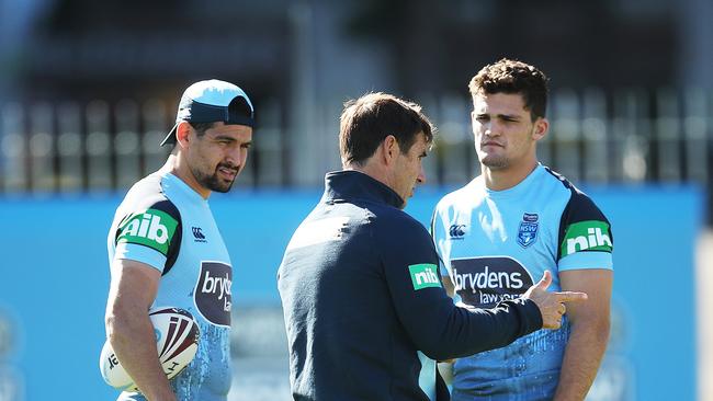 Andrew Johns with the halves Cody Walker and Nathan Cleary during NSW State of Origin team training at the NSWRL Centre of Excellence, Homebush. Picture. Phil Hillyard