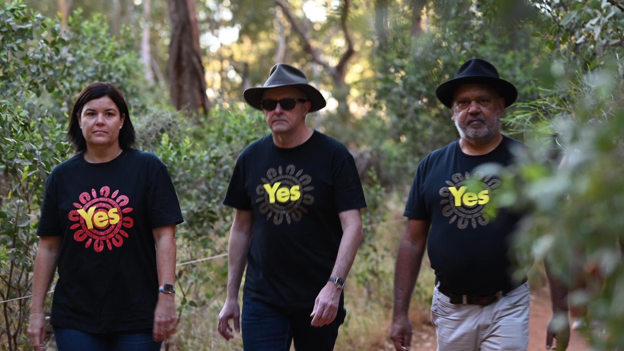 Prime Minister Anthony Albanese (centre) with Indigenous leader Noel Pearson and Northern Territory MP Natasha Fyles ahead of the 2023 Indigenous Voice to Parliament referendum that divided the nation. Picture: NCA NewsWire / Martin Ollman