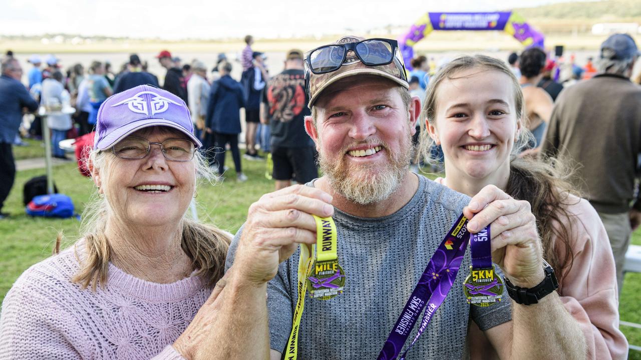 5km and Runway Mile finisher John Clements with mum Annette Simpson and daughter Amara Clements at the Toowoomba Marathon events at Wellcamp Airport, Saturday, May 3, 2025. Picture: Kevin Farmer