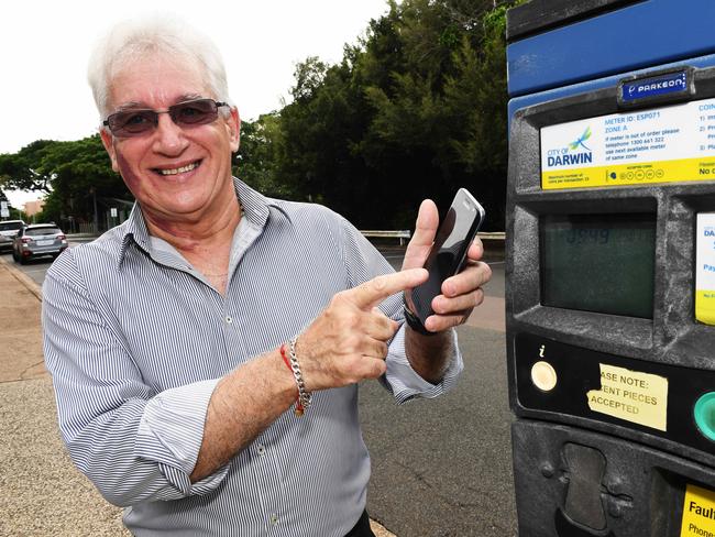 Darwin Lord Mayor Kon Vatskalis launches the app  where users use the app to pay for CBD parking . Pic Katrina Bridgeford.