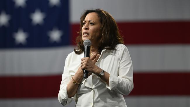 Senator Kamala Harris speaks on stage in Iowa during her run for the candidacy. Picture: Getty Images