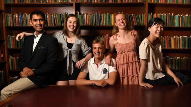 Our “perfect” five: Syme Aftab, 16, from Glenunga International High, Charlotte Moseley, 17, from Pulteney Grammar, Jake Bastian, 18, from Scotch College, Lucy Mauviel, 17, from Seymour College and Charlotte Zhang, 17, from Pembroke School. Picture: Tricia Watkinson