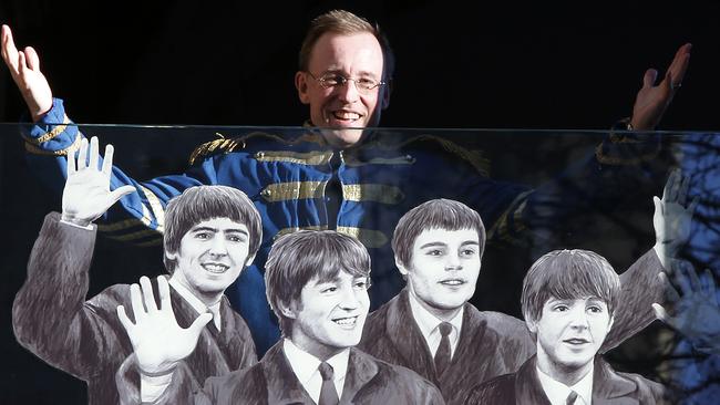 Then Lord Mayor Martin Haese in 2016 unveiling a Beatles artwork at Adelaide Town Hall. Picture: Simon Cross