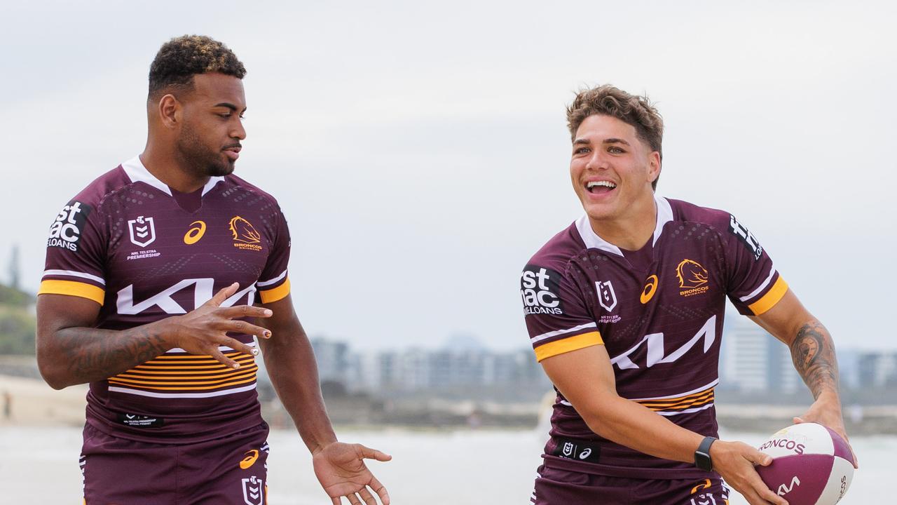 Broncos players Ezra Mam, Reece Walsh and Adam Reynolds on the beach at Mooloolaba on the Sunshine Coast where the Broncos will play two trial matches in 2023. Picture Lachie Millard