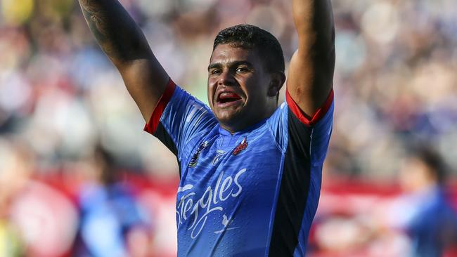 Latrell Mitchell celebrates winning the 2017 Auckland Nines.