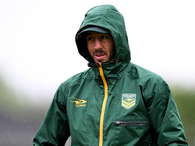 CHRISTCHURCH, NEW ZEALAND - OCTOBER 26: Ben Hunt looks on during an Australian Kangaroos captain's run at Apollo Projects Stadium on October 26, 2024 in Christchurch, New Zealand. (Photo by Joe Allison/Getty Images)