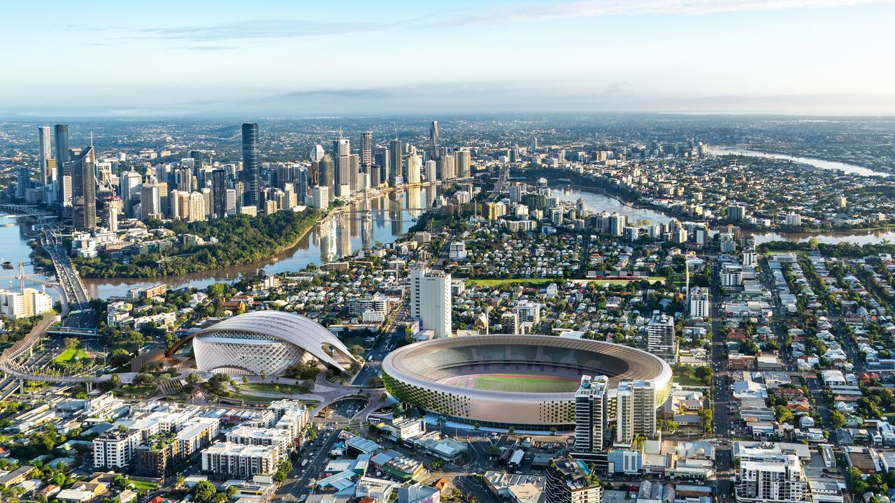 The Brisbane Arena (left) is part of a new Gabba Olympic precinct concept by HAL Architects.