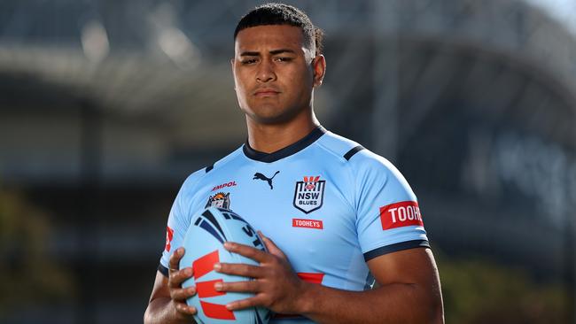 SYDNEY, AUSTRALIA - MAY 28: Haumole Olakau'atu of the Blues poses during a New South Wales Blues State of Origin media opportunity at NSWRL Centre of Excellence on May 28, 2024 in Sydney, Australia. (Photo by Matt King/Getty Images)