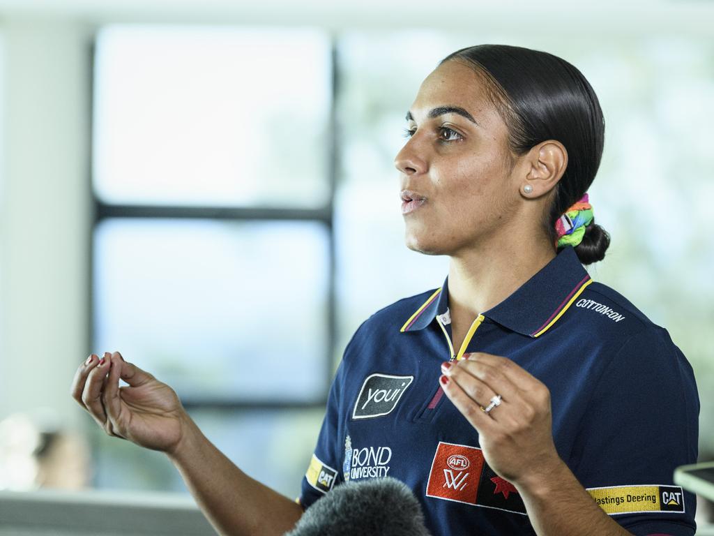 Brisbane Lions player Courtney Hodder speaks to media at the First Nation's Women In Business breakfast hosted by TSBE at Picnic Point function centre, Thursday, June 5, 2025. Picture: Kevin Farmer