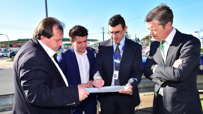 McEwen Federal MP Rob Mitchell, Sunbury State Labor MP Josh Bull, Vince Punaro from VicRoads and State Minister for Roads Luke Donnellan at this morning’s announcement on the Sunbury roundabout. Picture: Dennis Manktelow