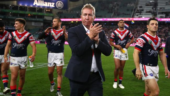 Roosters coach Trent Robinson and his players thank fans after beating South Sydney in the NRL preliminary final at Allianz Stadium. Picture: Getty Images