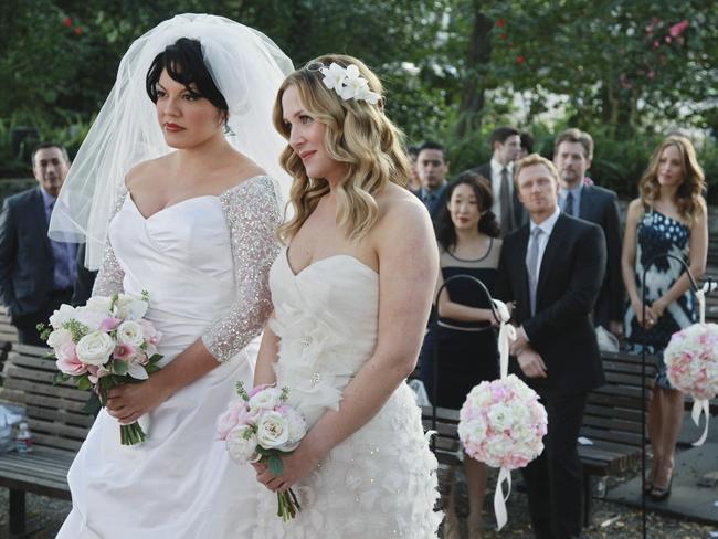 Happier times ... Callie (Sara Ramireaz) and Arizona (Jess Capshaw) wed in season seven, but the new season of Grey’s sees more challenging times. Picture: Supplied