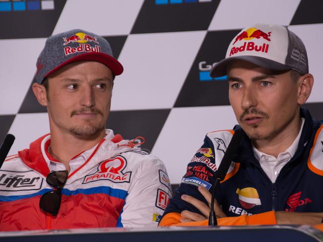 Australian Jack Miller of the Pramac Ducati team and Jorge Lorenzo of Repsol Honda team at the Silverstone circuit, England, for the British MotoGP. August 22, 2019. Pic: Anne Kierren