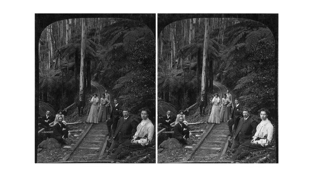 A stereograph shows a hiking group on a railway track near Warburton. Picture: State Library of Victoria