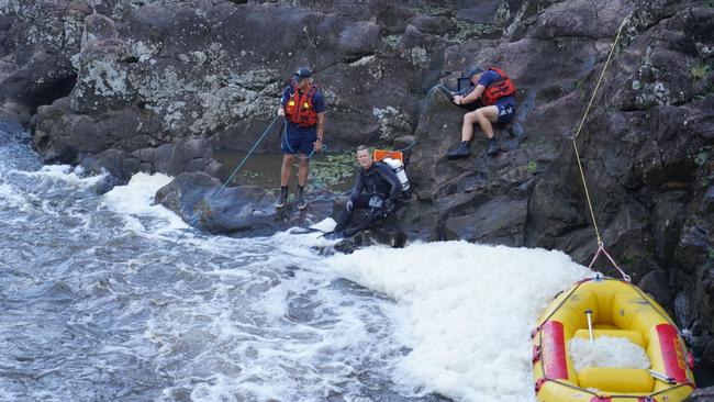 Rescue crews including police divers searched for more than four hours before the found the body of a missing man at Wappa Falls on Sunday afternoon. Picture: Brendan West