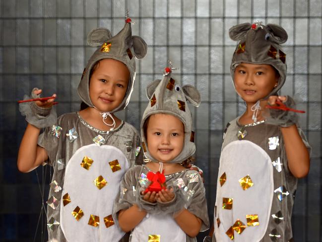 Anita, 9, and Amelia Apps, 5, with Jessica Wang, 8, are ready for the Chinese Year of the Rat. Picture: Evan Morgan