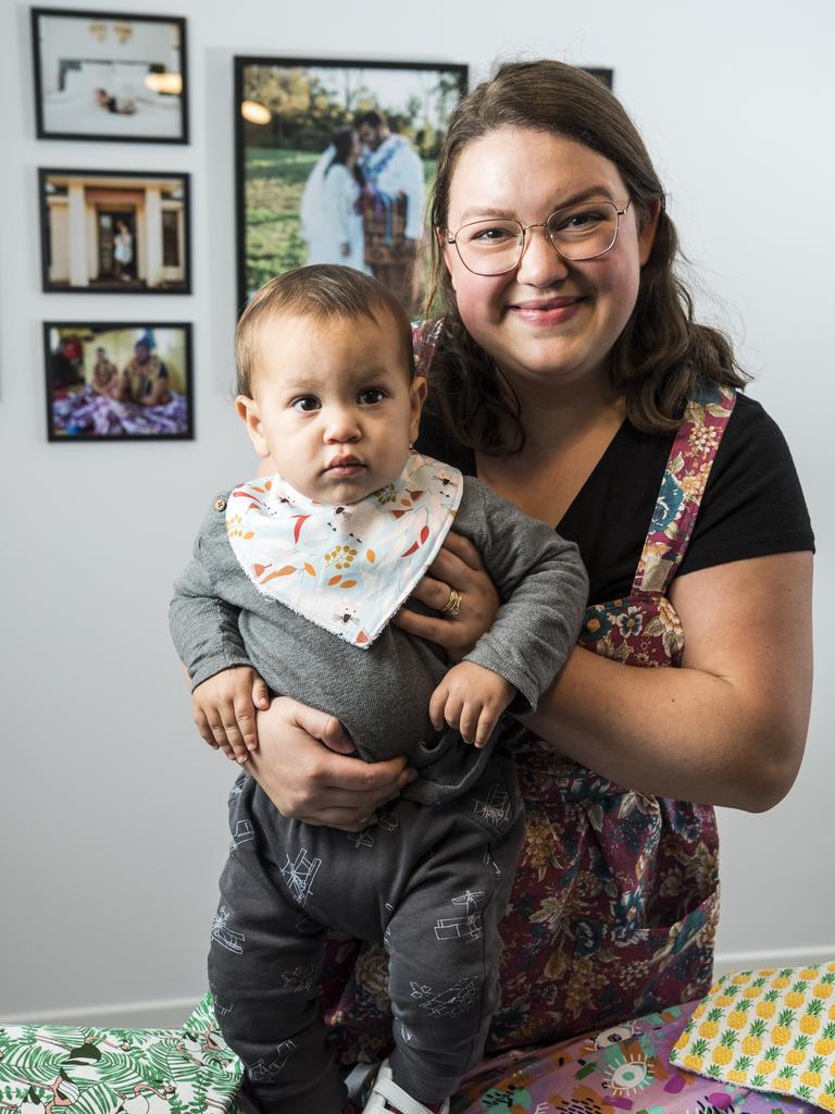 The Linen Label owner Hannah Thomas and son Malachi model her handmade pieces for mum, bub and home, Thursday, July 29, 2021. Picture: Kevin Farmer