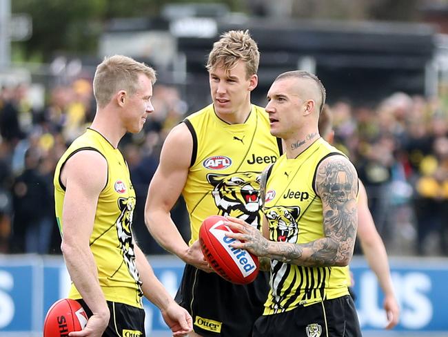 MELBOURNE, AUSTRALIA - SEPTEMBER 27: Dustin Martin, Tom Lynch and Jack Riewoldt in action during a Richmond Tigers AFL training session at Punt Road Oval on September 27, 2019 in Melbourne, Australia. (Photo by Jonathan DiMaggio/Getty Images)