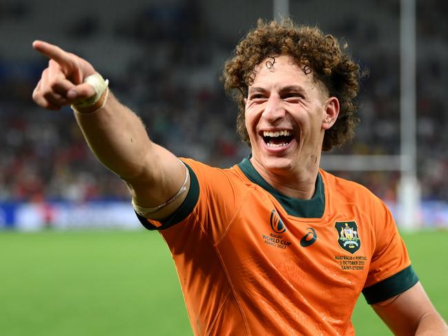 SAINT-ETIENNE, FRANCE - OCTOBER 01: Mark Nawaqanitawase of Australia celebrates victory at full-time following the Rugby World Cup France 2023 match between Australia and Portugal at Stade Geoffroy-Guichard on October 01, 2023 in Saint-Etienne, France. (Photo by Stu Forster/Getty Images) *BESTPIX*